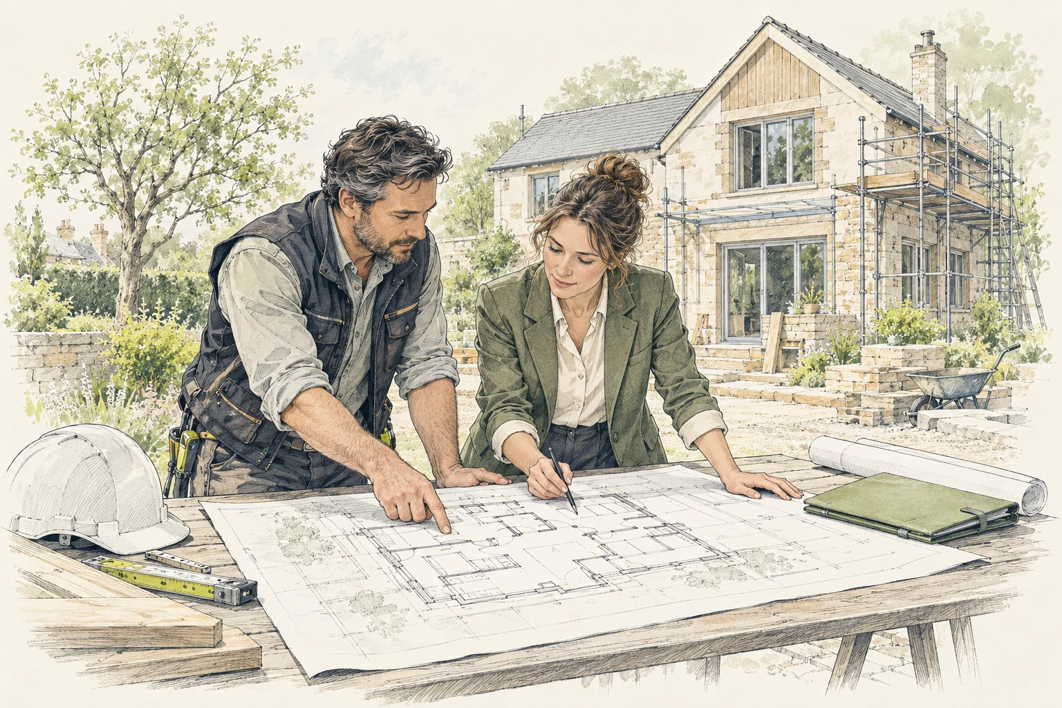 Illustratie van een bouwadviseur en aannemer die samen een renovatieplan bekijken