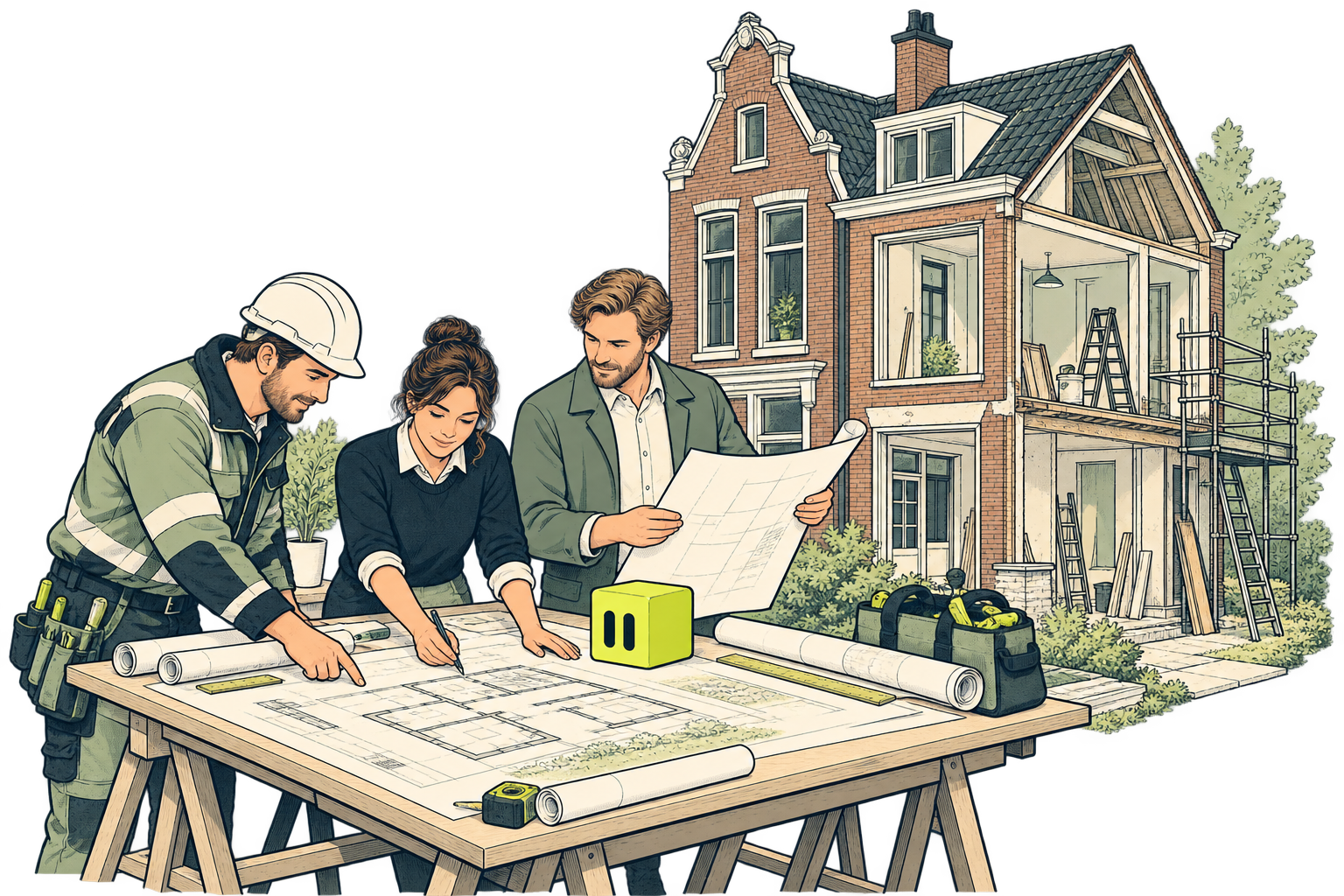 Illustratie van bouwprofessionals die samen plannen voor een gebouw bekijken