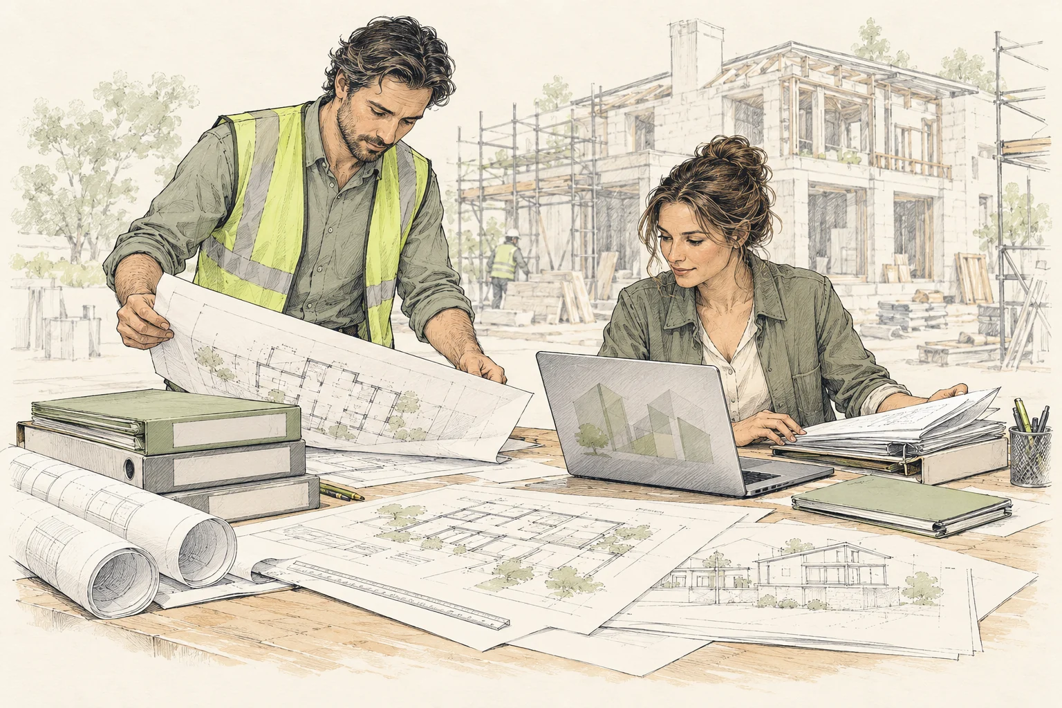 Illustratie van werkvoorbereiders die projectstukken organiseren bij een laptop