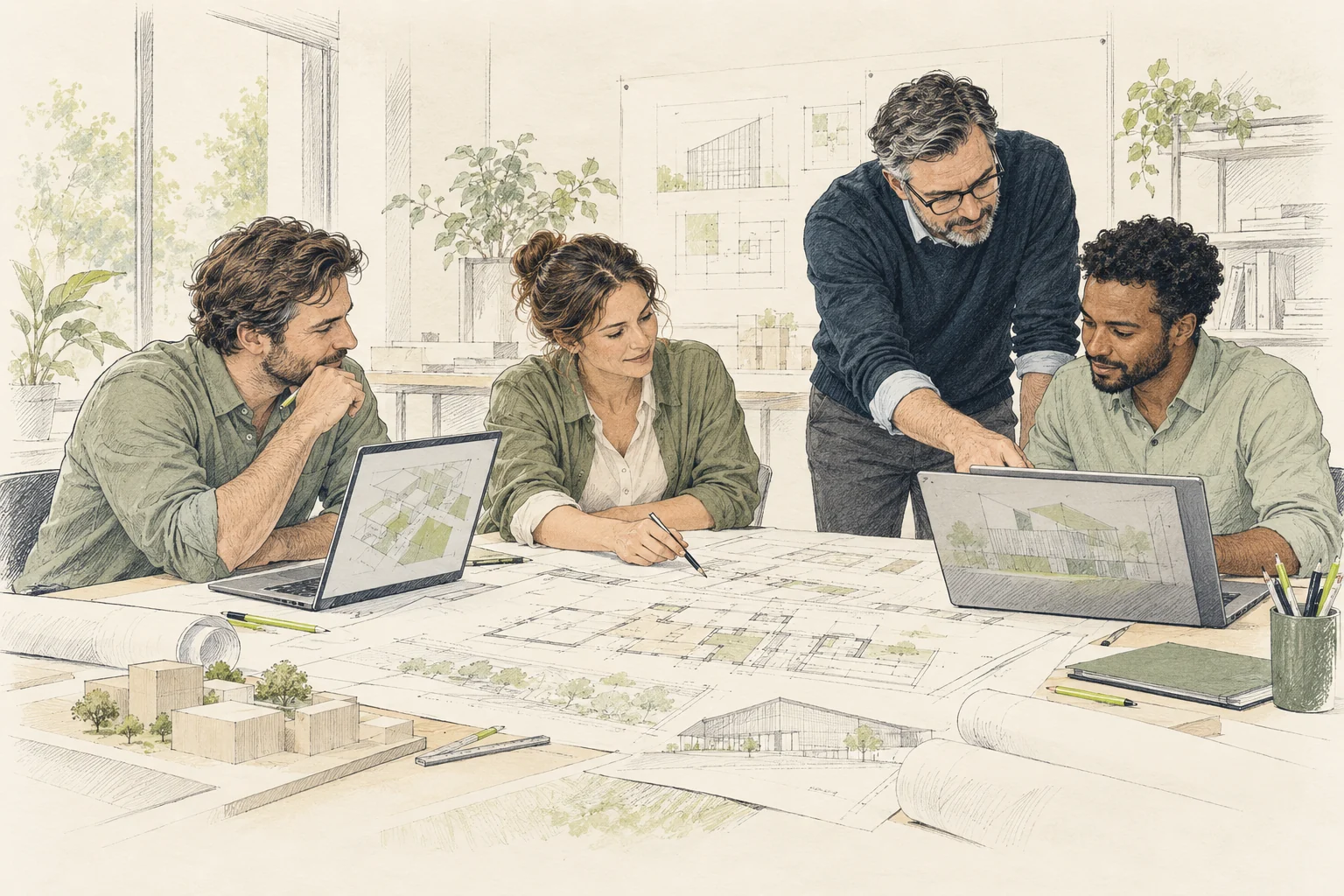 Illustratie van bouwprofessionals die samen met een trainer oefenen op laptops